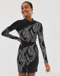 Черное облегающее платье с блестками и высоким воротом Miss Selfridge - Серебряный