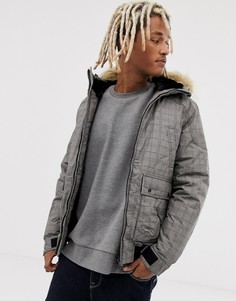 Серая куртка в клетку с искусственным мехом на капюшоне Pull&Bear - Серый