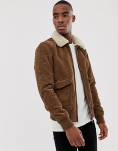 Светло-коричневая вельветовая куртка с воротником из искусственного меха Pull&Bear - Рыжий