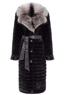 Шуба из мутона с отделкой мехом песца и натуральной кожей Снежная Королева