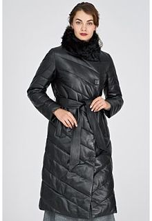 Утепленное кожаное пальто с отделкой мехом козлика La Reine Blanche