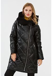 Утепленное кожаное пальто с отделкой трикотажем La Reine Blanche