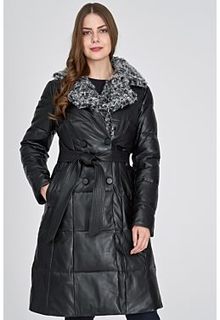 Утепленное кожаное пальто с отделкой овчиной La Reine Blanche