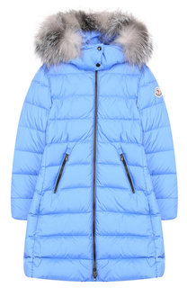 Пуховое пальто на молнии с капюшоном и меховой отделкой Moncler Enfant