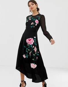 Платье миди с длинными рукавами и цветочной вышивкой ASOS DESIGN - Черный