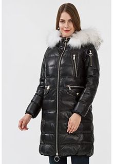 Утепленное кожаное пальто с отделкой мехом енота La Reine Blanche