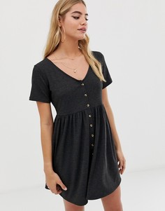Свободное платье мини в рубчик с V-образным вырезом и пуговицами ASOS DESIGN - Серый