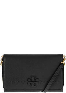 Кожаный клатч черного цвета с откидным клапаном Tory Burch
