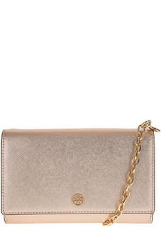 Кожаный клатч золотистого цвета с откидным клапаном Tory Burch
