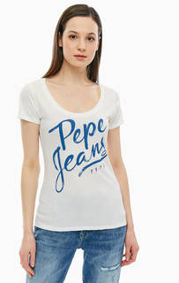 Белая футболка с принтом и глубоким вырезом Pepe Jeans