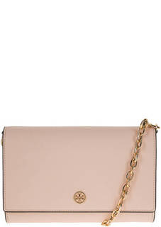 Кожаный клатч кораллового цвета с откидным клапаном Tory Burch