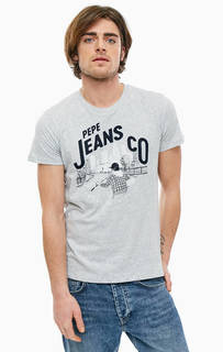 Серая хлопковая футболка с принтом Pepe Jeans