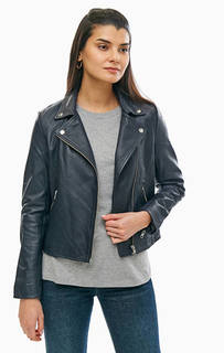 Темно-синяя кожаная куртка с косой молнией Selected