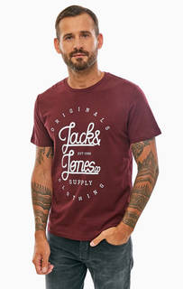 Бордовая хлопковая футболка с принтом Jack & Jones