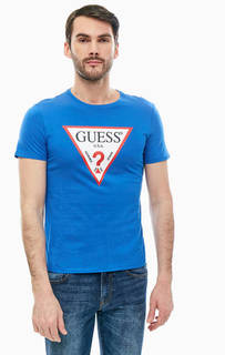 Синяя хлопковая футболка с круглым вырезом Guess