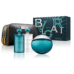 BVLGARI Подарочный набор Aqva Pour Homme Туалетная вода, спрей 100 мл + Бальзам после бритья 75 мл + Гель для душа 75 мл + Косметичка