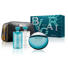 BVLGARI Подарочный набор Aqva Pour Homme Marine Туалетная вода, спрей 100 мл + Бальзам после бритья 75 мл + Гель для душа 75 мл + Косметичка