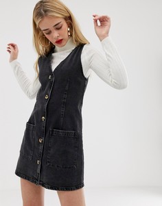 Джинсовый сарафан на пуговицах с V-образным вырезом ASOS DESIGN - Черный