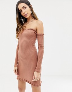 Платье мини в рубчик с широким вырезом и оборкой ASOS DESIGN - Розовый