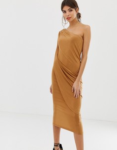 Платье миди на одно плечо с драпировкой ASOS DESIGN - Коричневый