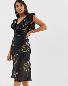 Платье миди с оборкой и цветочным принтом Talulah Lullaby - Черный