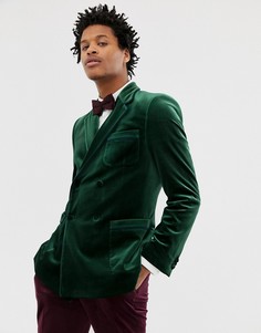 Зеленый приталенный двубортный бархатный блейзер с окантовкой ASOS DESIGN - Зеленый