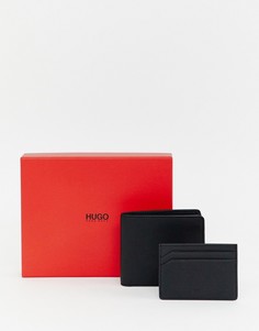 Подарочный набор с черным кожаным бумажником/кредитницей HUGO - Черный