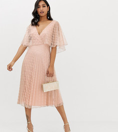 Кружевное платье миди с рукавами клеш и плиссированной юбкой ASOS DESIGN - Бежевый