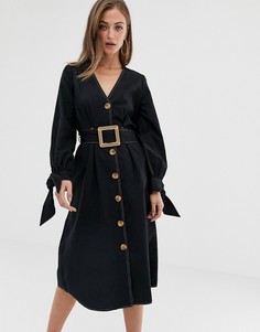 Повседневное приталенное платье миди с контрастными строчками и поясом ASOS DESIGN - Черный