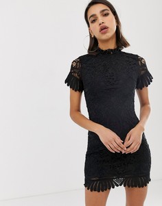 Кружевное платье мини с высоким воротом и коротким рукавом Girl In Mind - Черный
