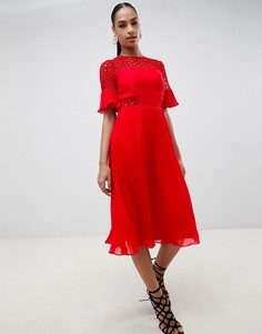 Плиссированное платье миди с кружевной вставкой ASOS DESIGN - Красный