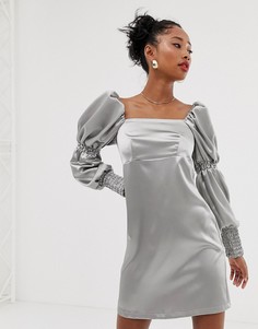 Платье мини с пышными рукавами и присборенной отделкой Reclaimed Vintage inspired - Серебряный