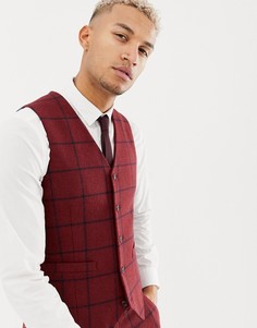 Бордовый приталенный жилет в клетку с добавлением шерсти ASOS DESIGN - Красный