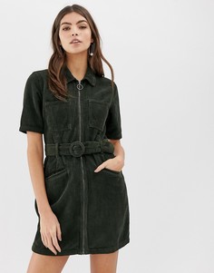 Вельветовое платье мини цвета хаки с поясом ASOS DESIGN - Зеленый