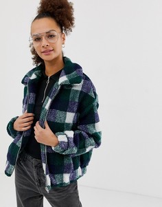 Зеленый плюшевый бомбер в клетку с искусственным мехом New Look - Зеленый