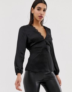 Черная блузка с кружевной отделкой и завязкой Lipsy - Черный