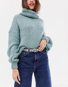 Ремень с круглой пряжкой и змеиным принтом New Look - Светло-бежевый