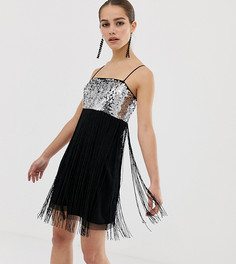 Платье-комбинация мини с пайетками и бахромой ASOS DESIGN Petite - Черный