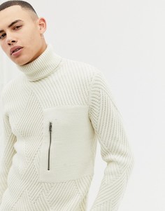 Вязаный джемпер с узором косичка и отворачивающимся воротником Only & Sons - Кремовый