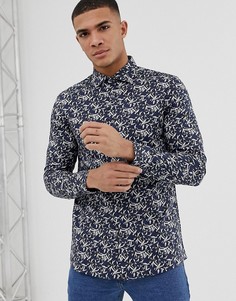 Синяя приталенная рубашка с принтом Burton Menswear - Синий