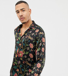 Черная атласная рубашка классического кроя с цветочным принтом ASOS DESIGN Tall - Черный