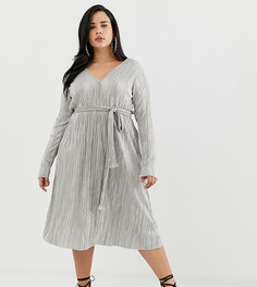 Плиссированное платье миди металлик с поясом ASOS DESIGN Curve - Серебряный
