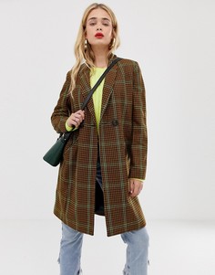 Коричневое удлиненное пальто в клетку Stradivarius - Коричневый