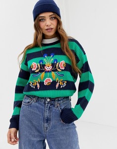 Джемпер в полоску с вышивкой Brave Soul - Зеленый