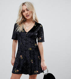 Бархатное чайное платье на пуговицах с вышивкой ASOS DESIGN Petite - Черный