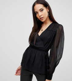 Топ с длинными прозрачными рукавами, запахом и кружевными вставками ASOS DESIGN Tall - Черный