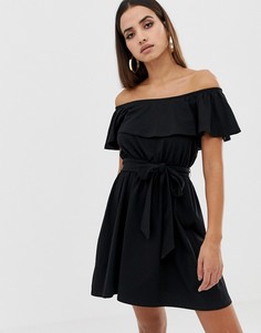 Короткий сарафан с широким вырезом и завязывающимся поясом ASOS DESIGN - Черный