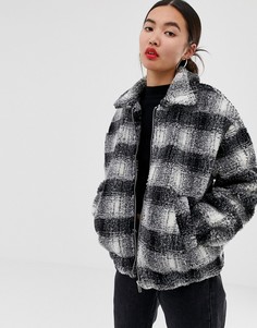Черное плюшевое пальто в клетку New Look - Черный