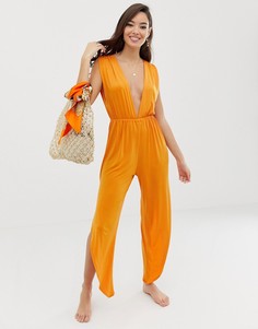 Оранжевый пляжный комбинезон с глубоким вырезом и разрезами ASOS DESIGN - Оранжевый