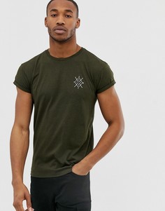 Обтягивающая футболка цвета хаки с принтом на груди Bershka - Зеленый